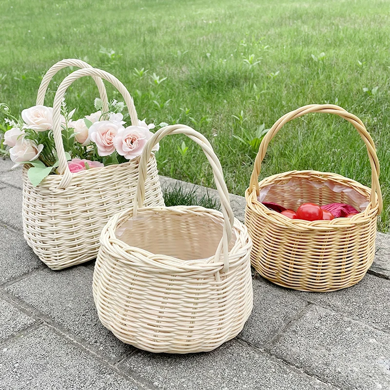 

1pc Mini Hand-woven Storage Baskets Rattan Weaving Flower Baskets Fruit Fabric Flower Girl Basket for Home Picnic Wedding Decor