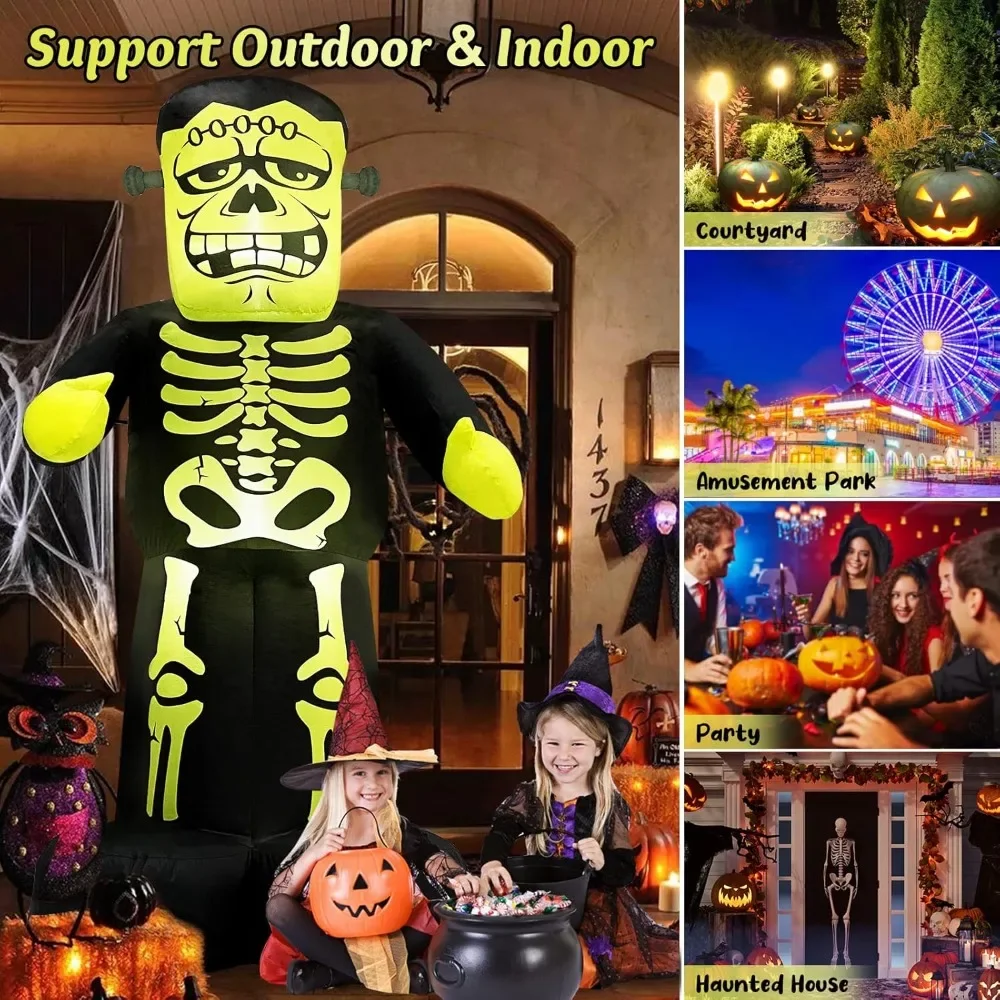 Halloween Inflatables Outdoor Decorations-7 FT Giant Frankenstein Monster with Skeleton Pattern, Bulit-in LEDs Halloween Blow Up