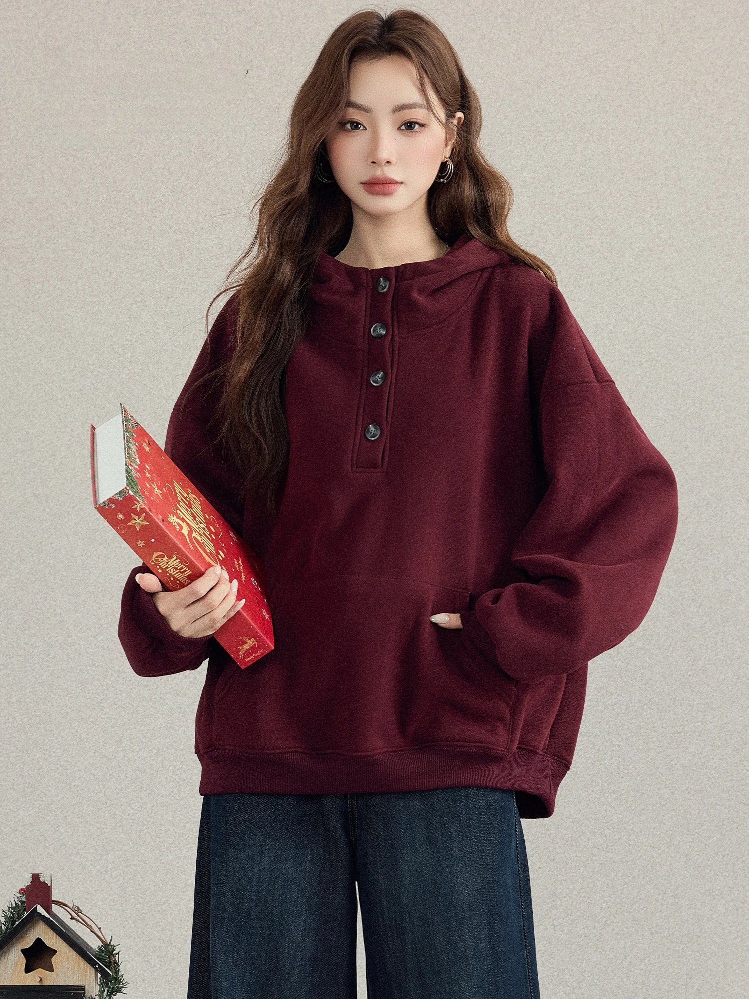 

Retro Red Cisas Hoodie Women's Fce Lined Thiened Sweatirt Spring Autumn Winter New Sle Korean Sle Outerwear