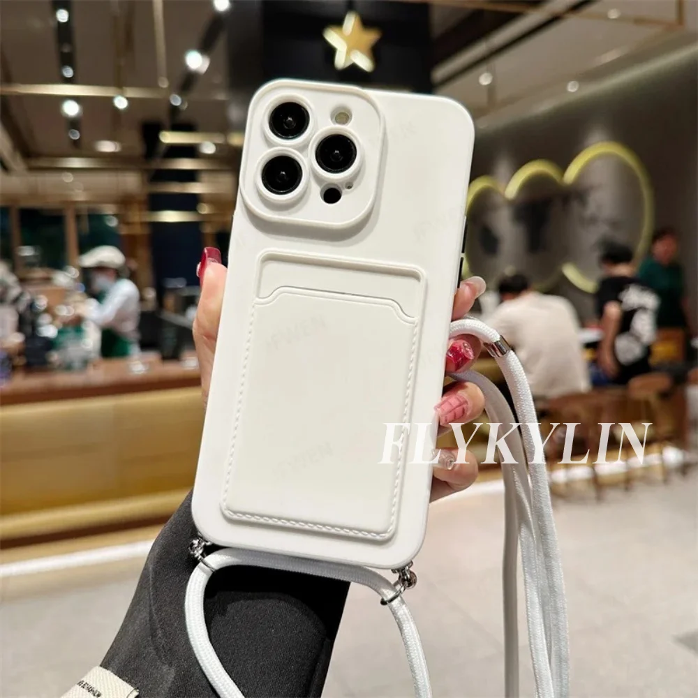 Flat Rope Solid Color Card Bag Phone Case For iPhone 17 16 15 14 13 12 11 Pro Max 16 Plus 16E 17 Air Hanging Rope Soft Silicone