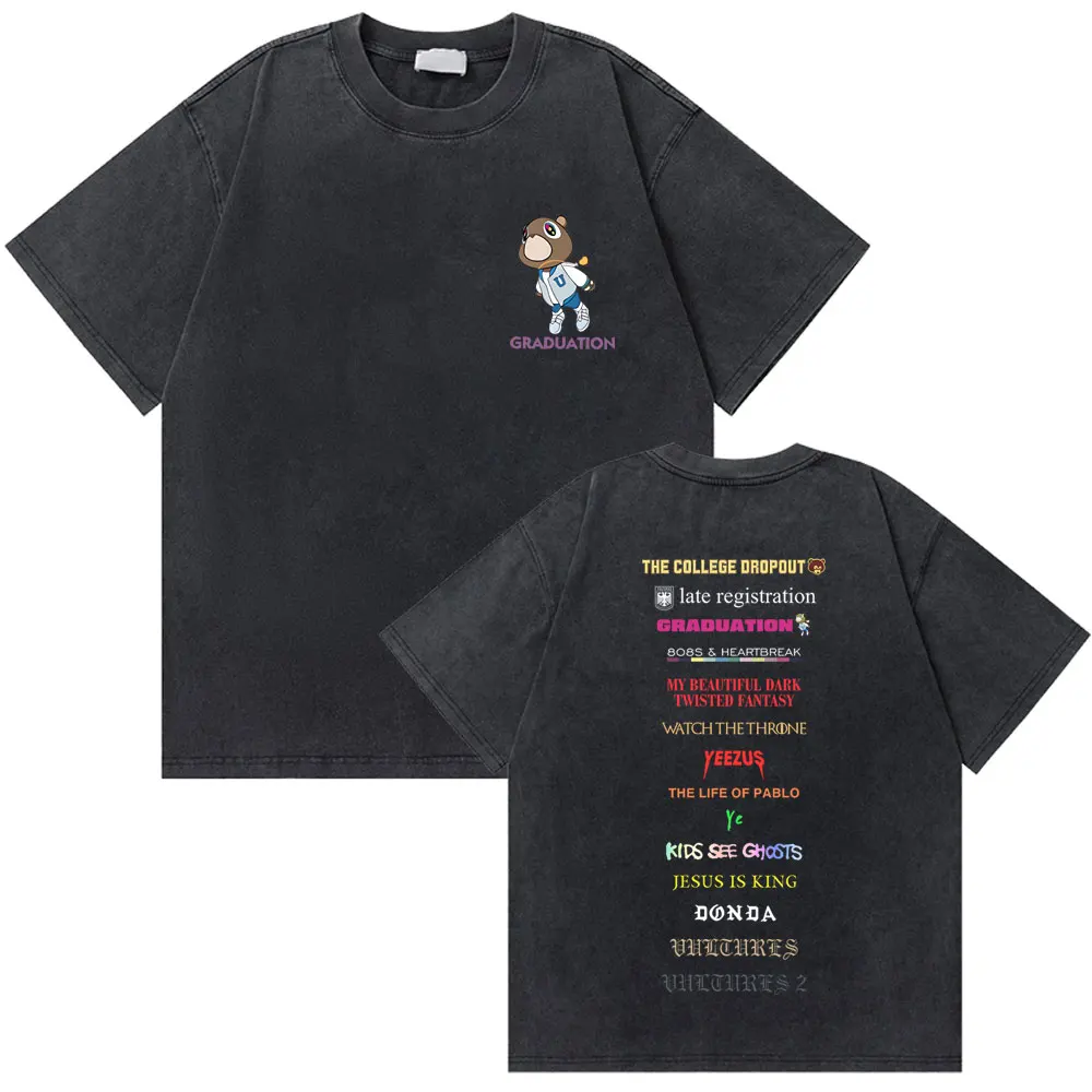 

Rapper Kanye West Graduation Bear Vintage Washed T-shirt Men Women Fashion Hip Hop Oversized Tshirt Casual Cotton Retro T Shirt