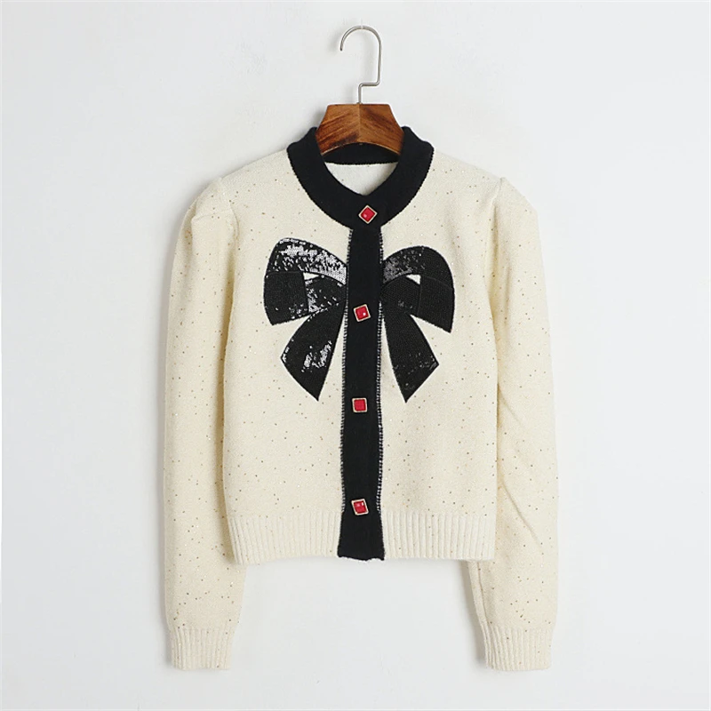 [oein]  Sequin Bow Color Patchwork Round Neck Sweater Women Autumn Winter Spring New College Style Bubble 2024