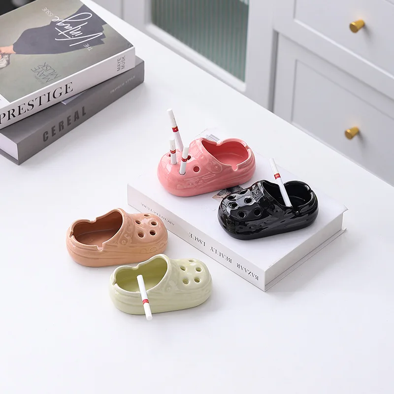 Creative Ceramic Slipper Ashtray, Unique Hole Shoe Cigarette Ash Tray, Personalized Ornament for Home Office Hotel Decoration