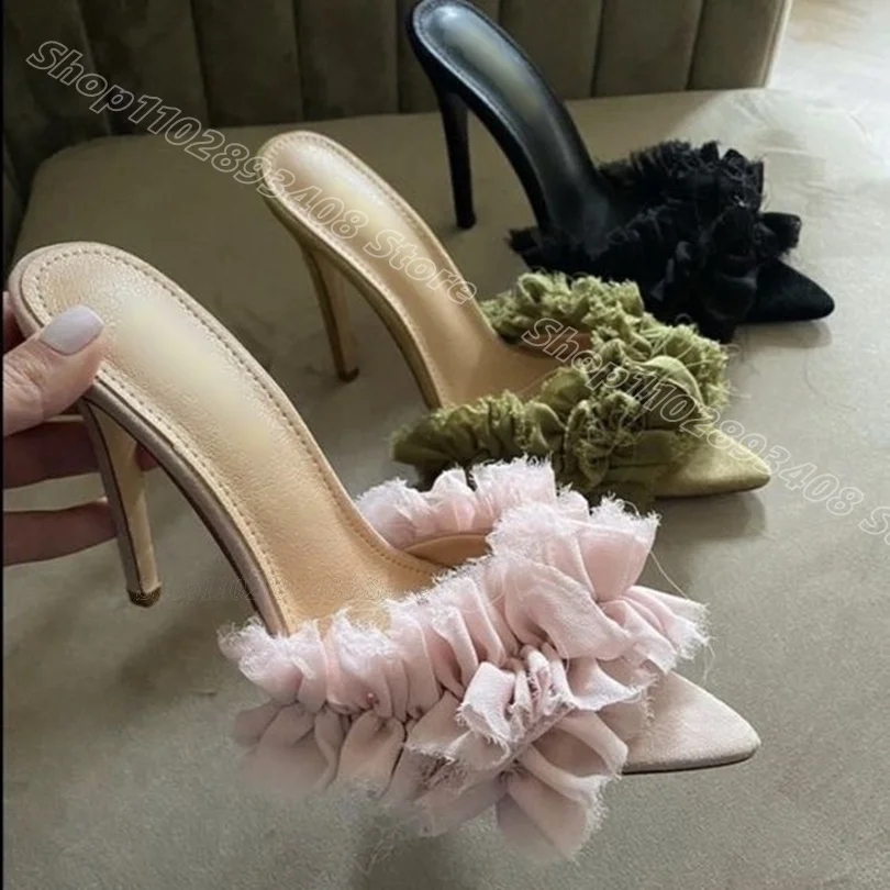 Pink Lace Trim Stiletto Slippers Open Toe Shallow Summer Women British Style Casual Elegant Slippers 2024 Zapatos Para Mujere