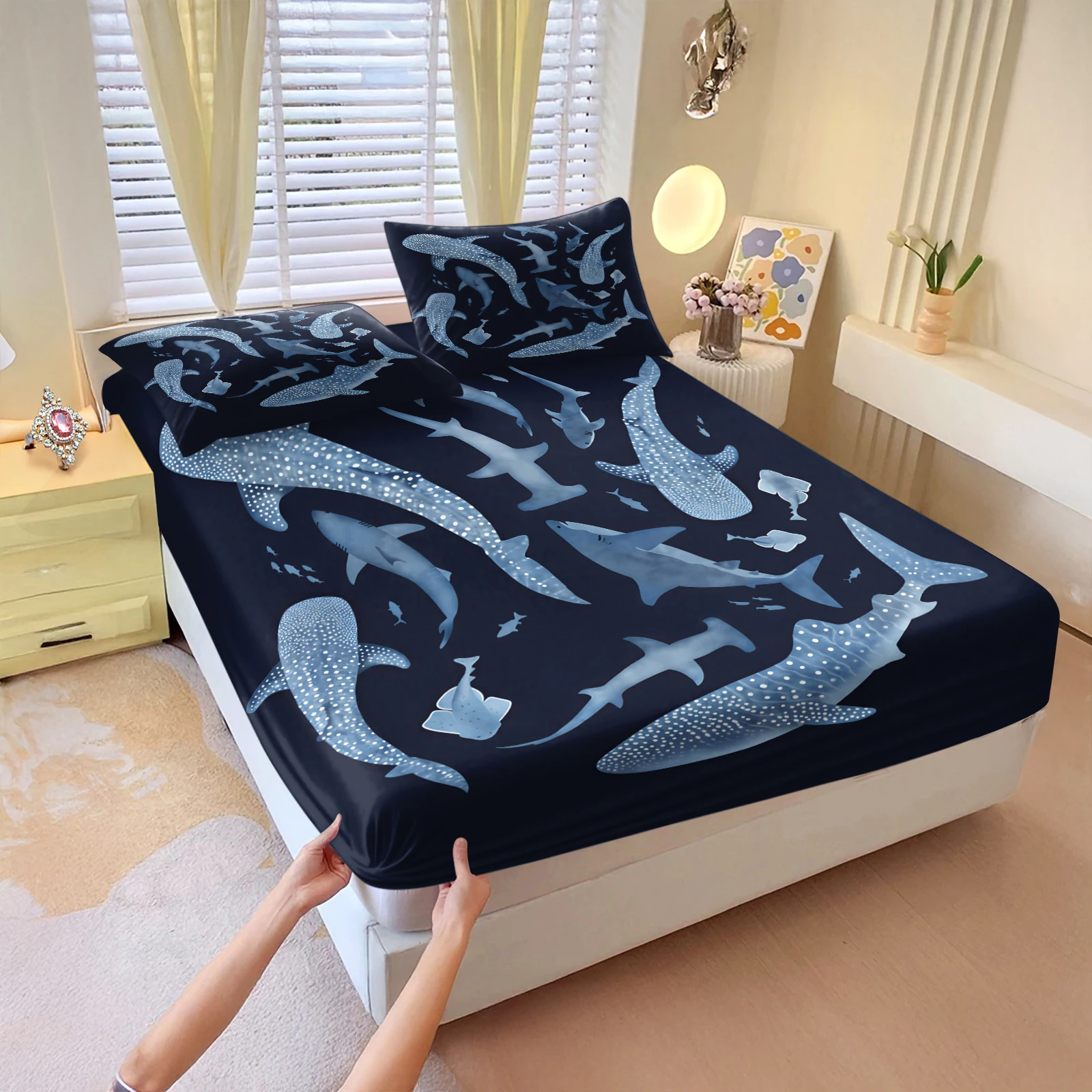 Ocean Shark Fitted Sheet Set 3Pcs Deep Blue Whale Shark Marine Life Print Bedding Deep Pocket Bed Sheet Mattress Protector Cover