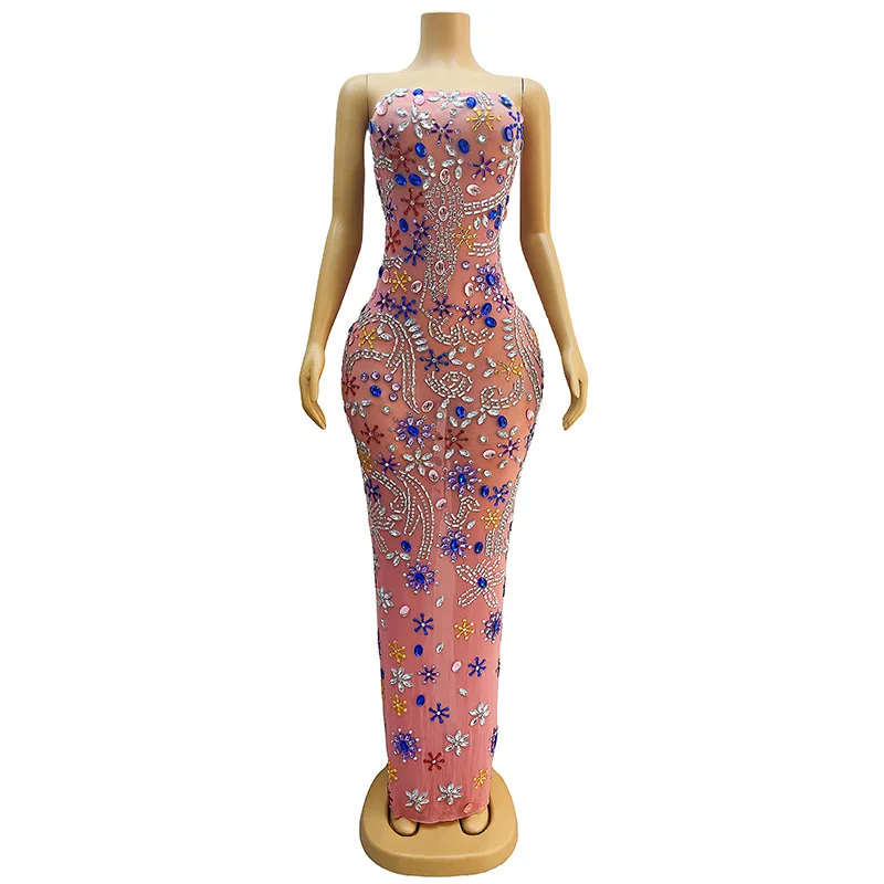 Pink Sleeveless Hip Skirt Dress - Elegant Colored Gem Pattern, Temperament Luxury For Female Singer Stage & Host Bodycon Dresses