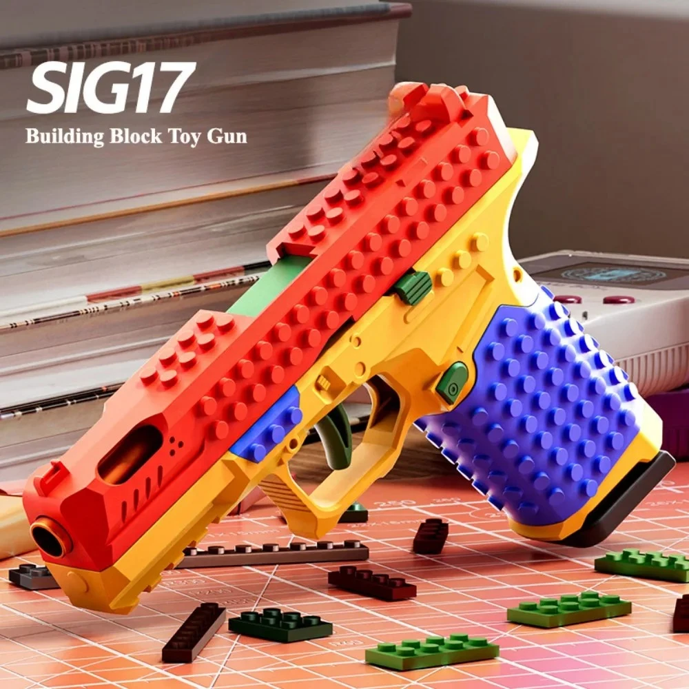 SIG17 Building Block Toy Gun with Continuous Firing Empty Hanging Shell Throwing Children Toy Soft Bullet Gun for Boys Adult