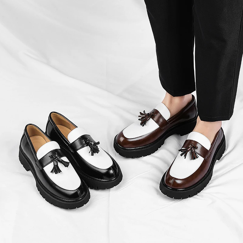 

Мужские повседневные кожаные туфли на толстой подошве в стиле ретро с кисточками для вечеринок или отдыха, размеры 38-46, кожаные туфли с цветными вставками, элегантные