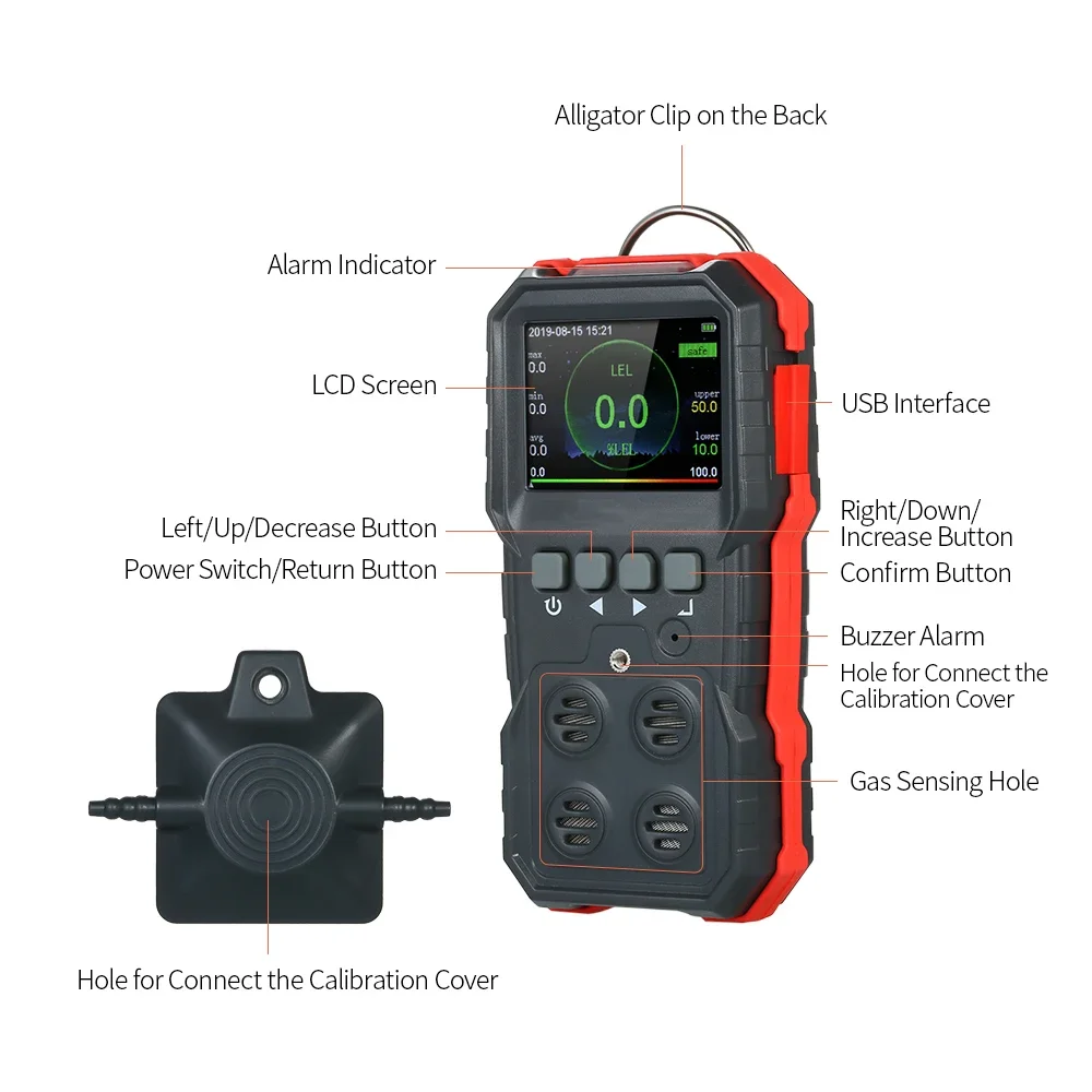 Détecteur de gaz 4 en 1, monoxyde de carbone, oxygène, gaz combustible, testeur H2S, enregistrement de données 120000, alarme sonore et lumineuse, alarme vibrante