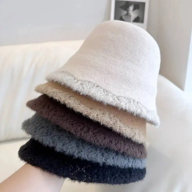 Modny, unikalny kapelusz typu bucket hat z wełny z surowym wykończeniem, eleganckie kapelusze księżniczki, damskie jesienno-zimowe kapelusze rybackie, dobra jakość, jednolity kolor.