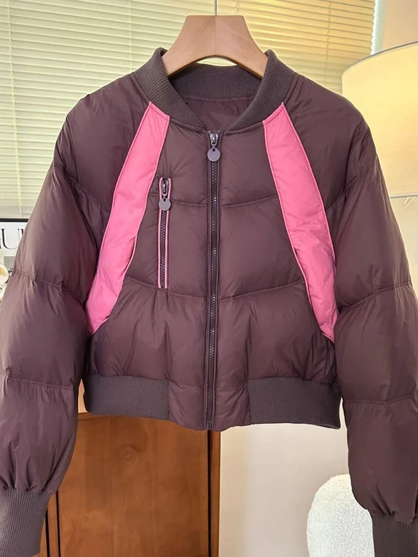 

Корейская утепленная зимняя куртка с круглым вырезом, цветными блоками, дизайном в стиле «шорт-брейд», на молнии