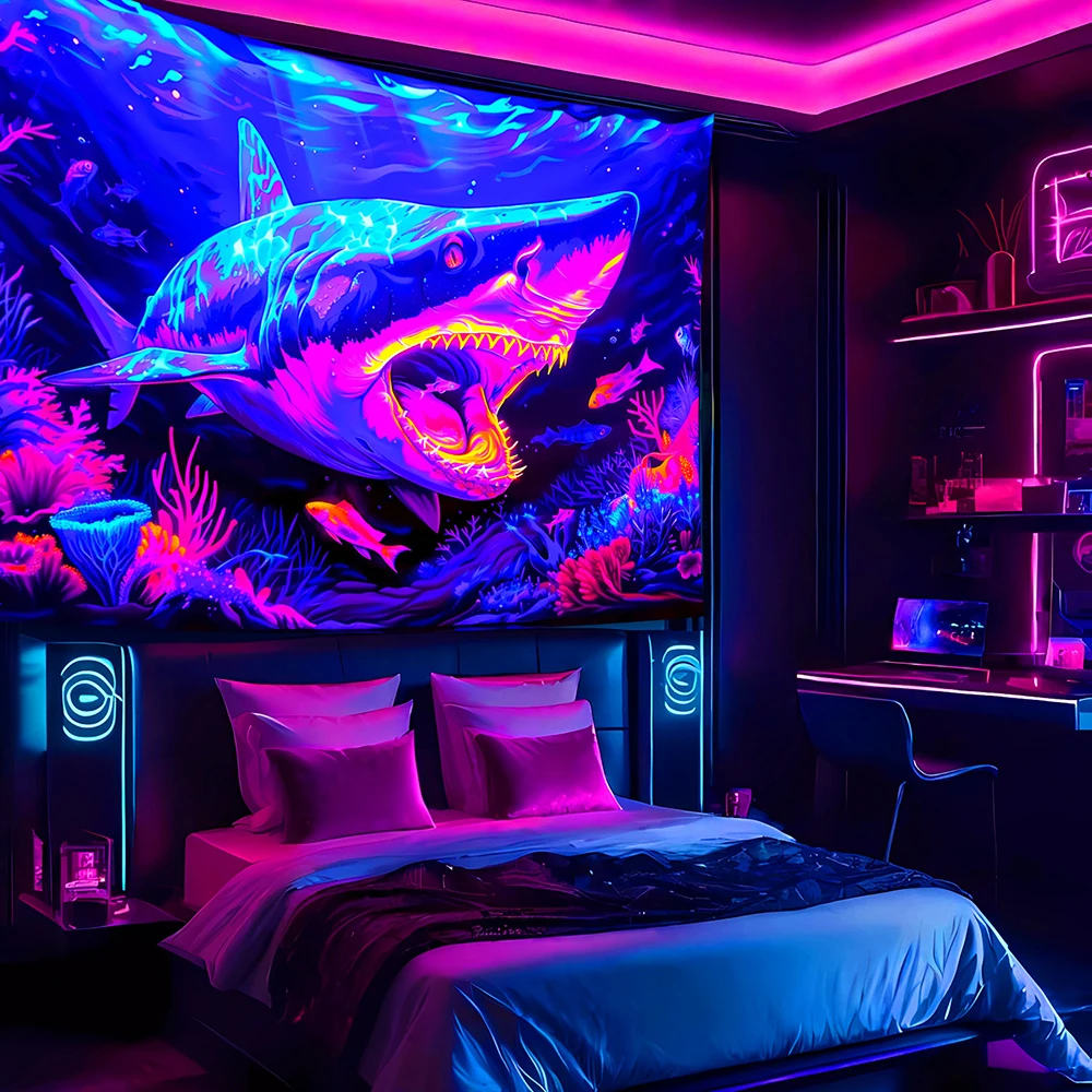 1pc Neon Great White Shark Underwater UV Reactive Tapestry, Glow in Dark Blacklight Ocean Coral Wall Hanging for