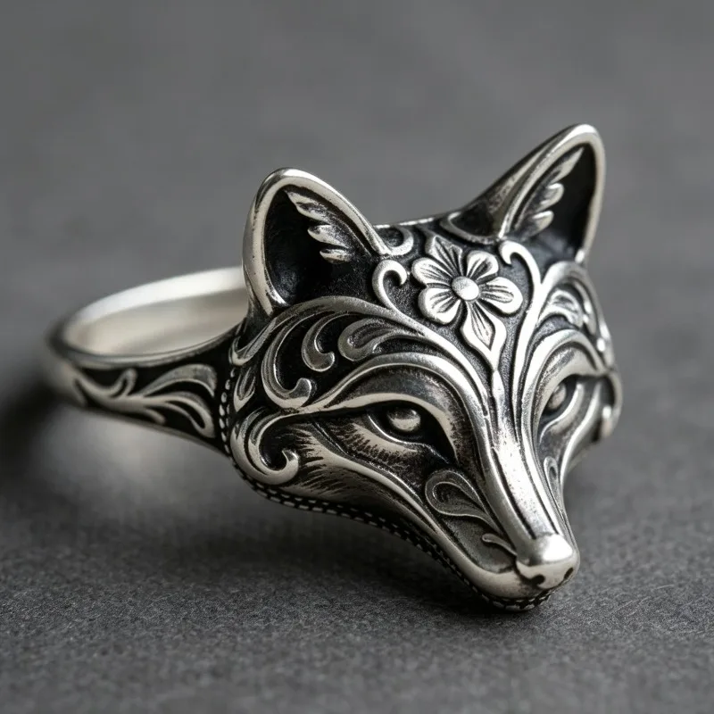 Jianjie Vintage Ethnic Carving Animal Totem Rings for Women Fox Wolf Design Classic Daily Wear Fashion Jewelry Accessories