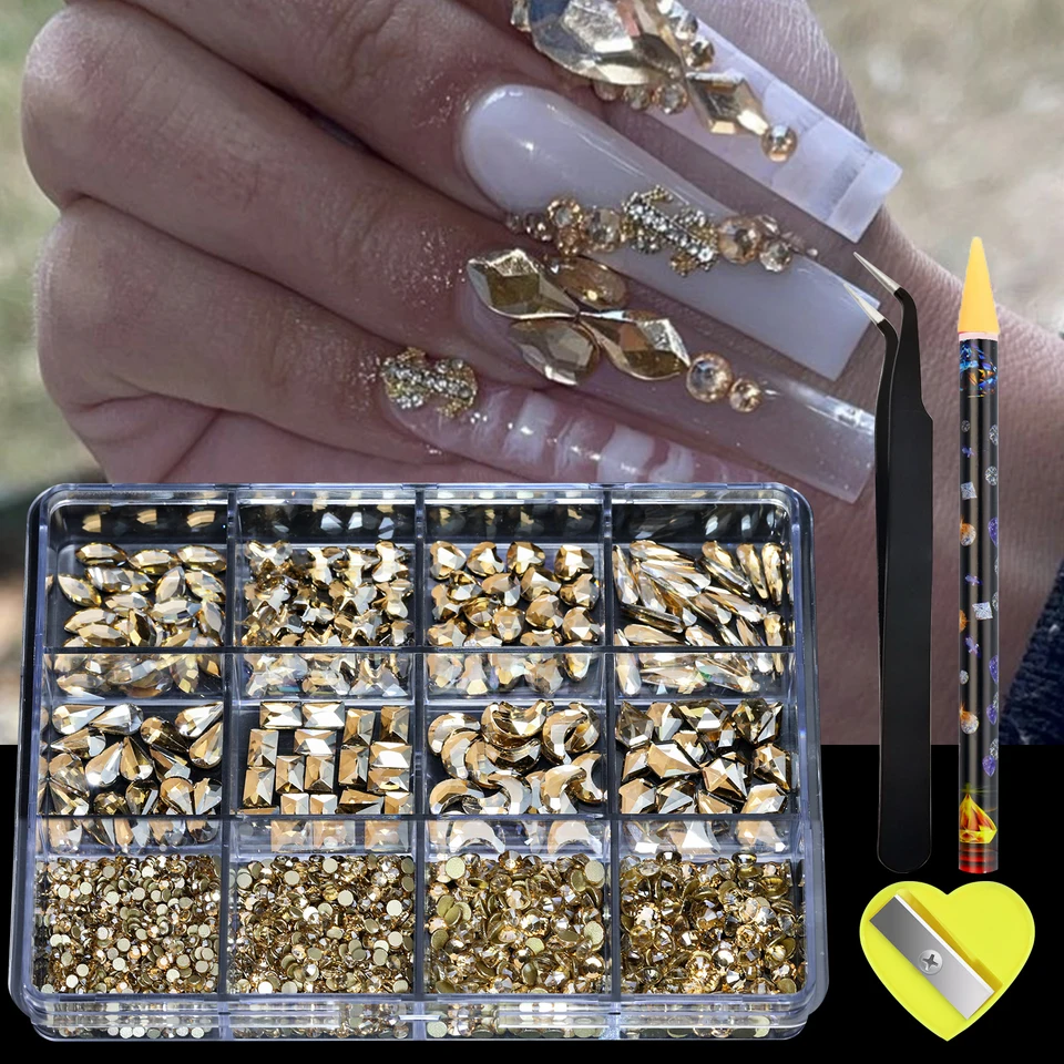780-980 piezas de strass 3D de lujo para uñas, cristales transparentes/AB/rojos/azules de base plana, con lápiz de cera y pinzas, en caja 4