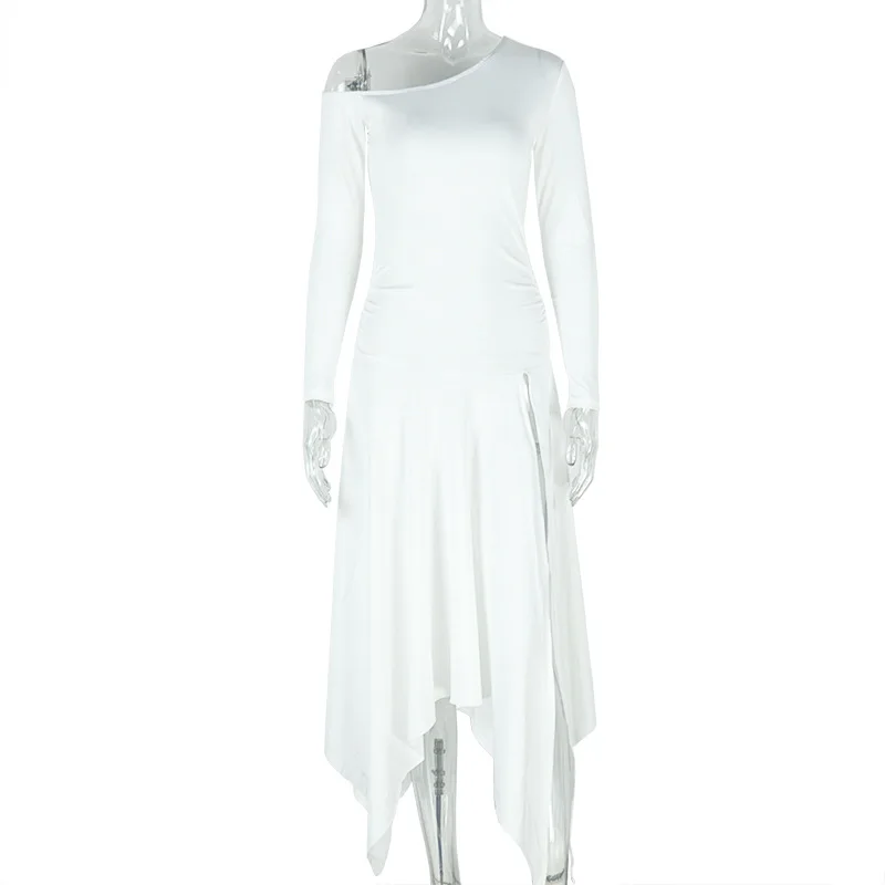 Damska nieregularna spódnica w jednolitym kolorze ze skośnymi ramionami, jednokolorowa sukienka z długim rękawem i rozcięciem 2025