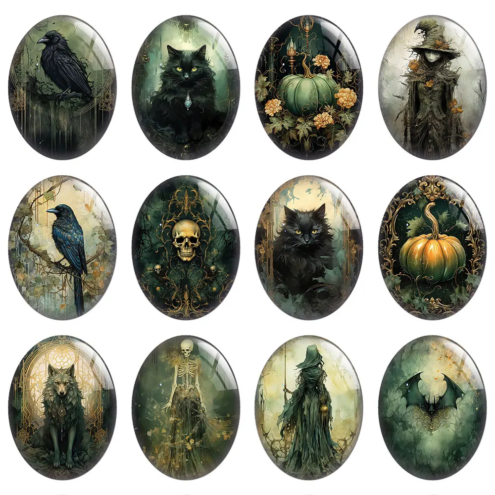 10pcs/lot Halloween Horror Gothic Green Scarecrow Skull Raven Wolf Oval Photo Glass Cabochon Flatback Demo Cameo Diy Jewelry