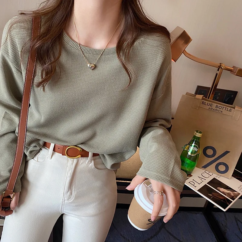 

Classic Waffle Long Sleeve Tshirt Women Solid Casual Loose Bottoming Shirt Fashion Top 2023 Spring And Autumn Women's Clothing