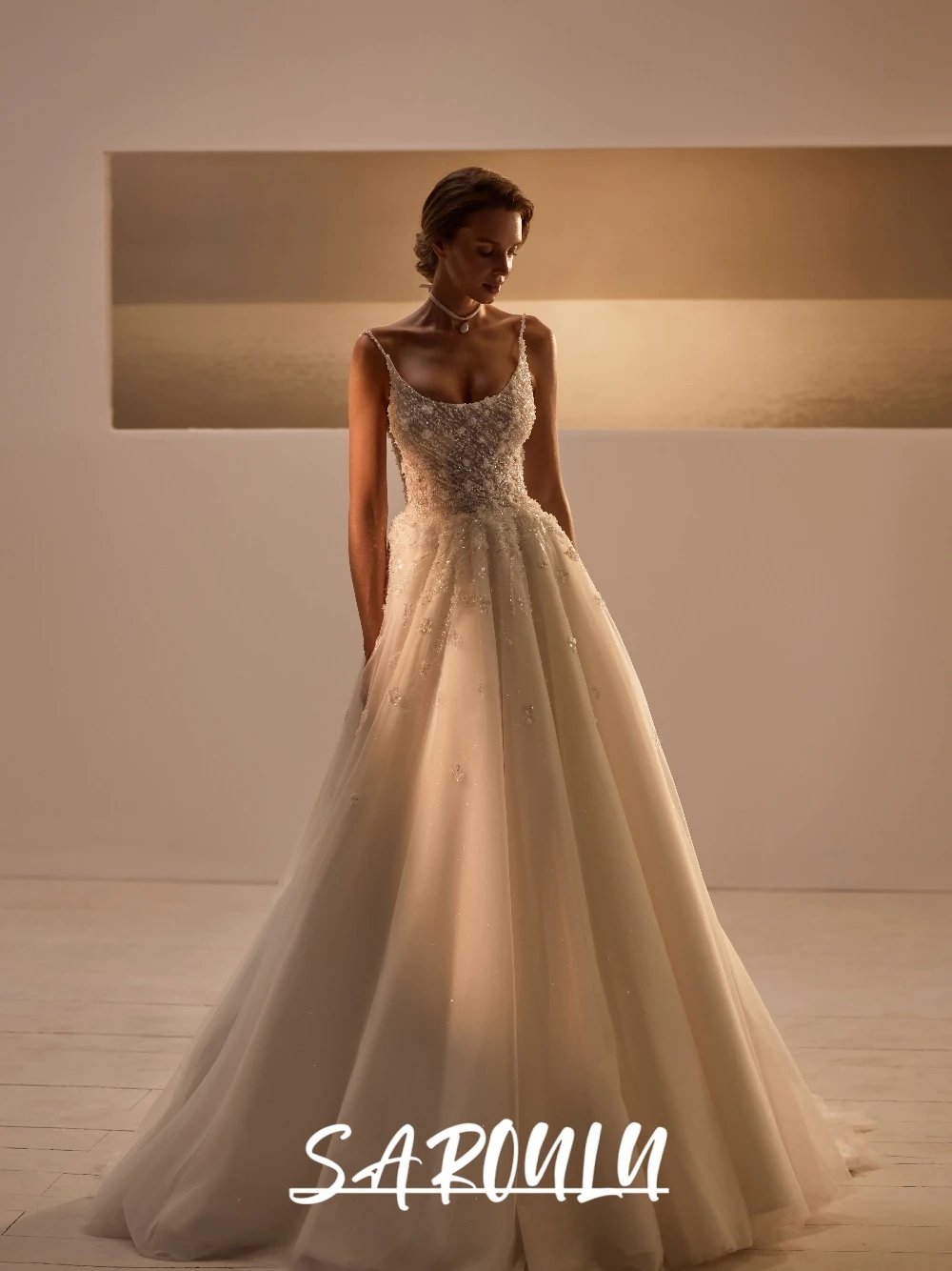 

SAROULU Dazzling Beads A Line Wedding Dress Modern Long Customized Zipper Back Bride Wear Classy Dreamy Pearls Bridal Gown