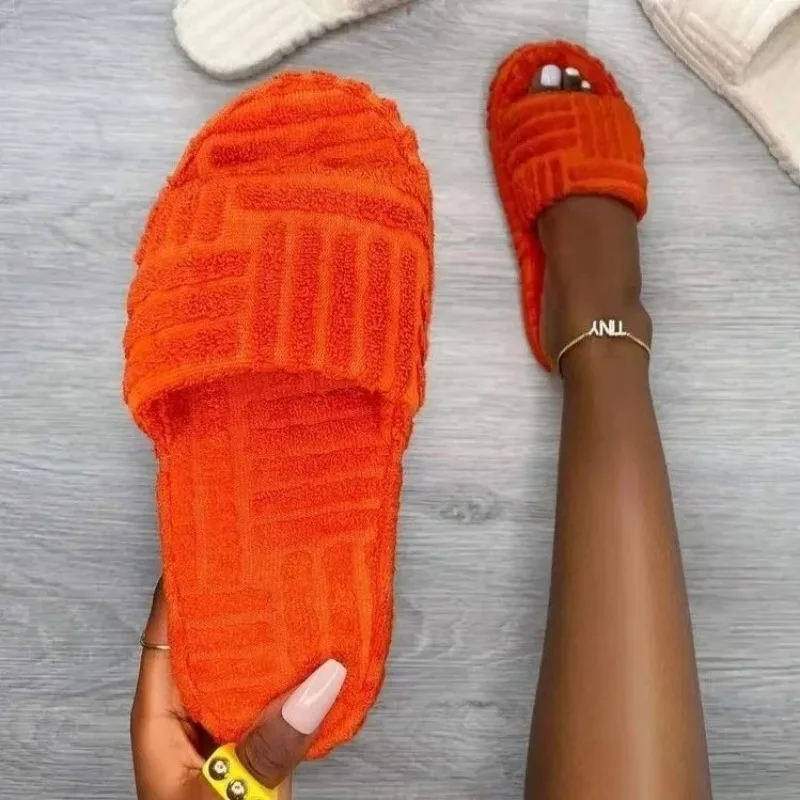 Faux Fur Home Slippers Fluffy Women Slides Comfort Furry Flat Sandals Female Cute Plush Floater Shoes Woman Indoor Flip Flops