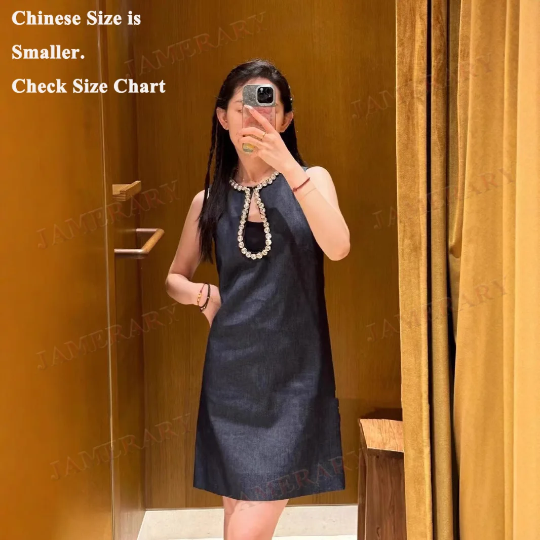 여름 비즈 블루 데님 진 드레스 여성 민소매 베스트 탱크 A라인 속이 비치는 다이아몬드 미니 숏 드레스 휴가용 스위트