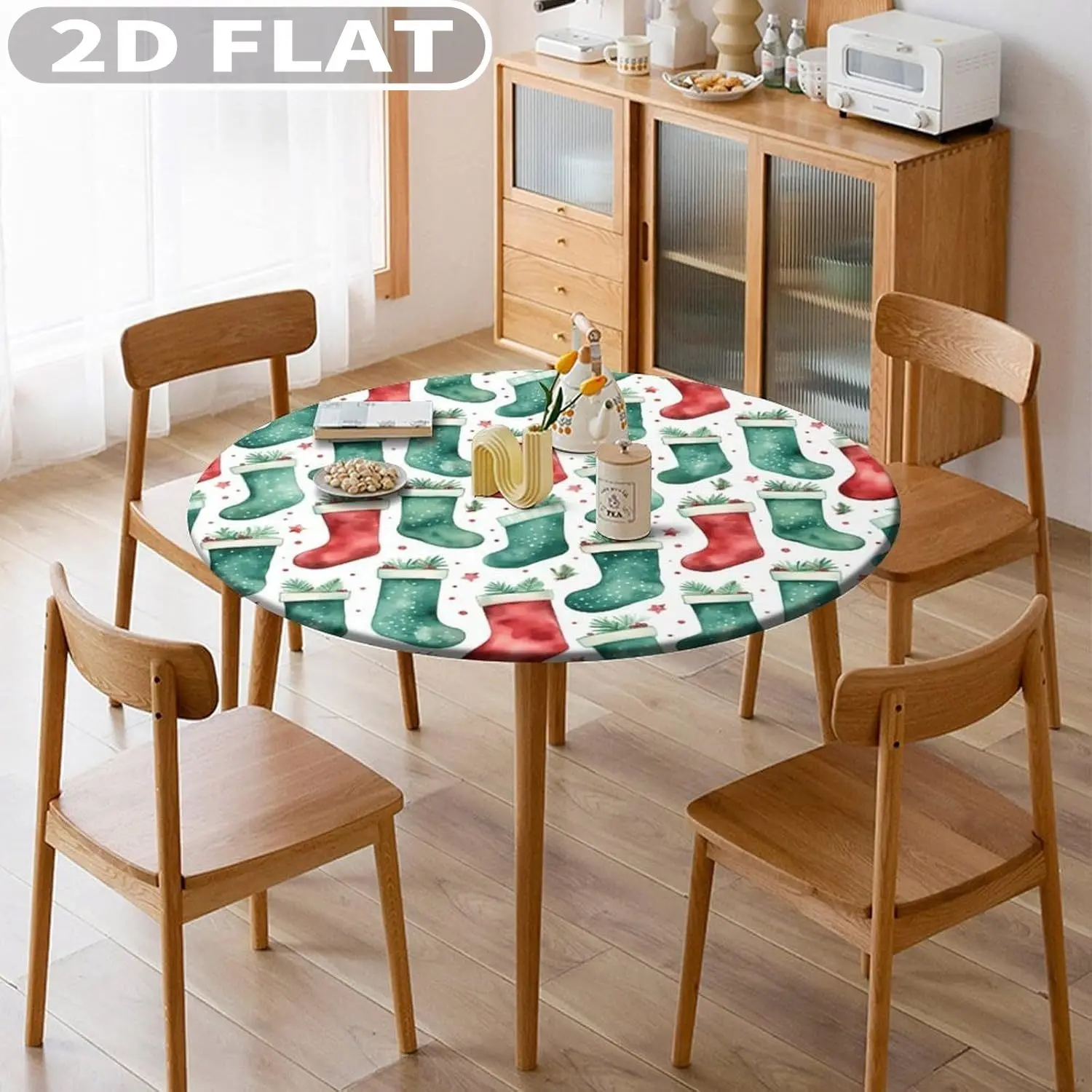 

1pc 2D FLAT Christmas Round Picnic Table Cloths, Round Tablecloths with Elastic Edge, Various Design and Sizes For Tables