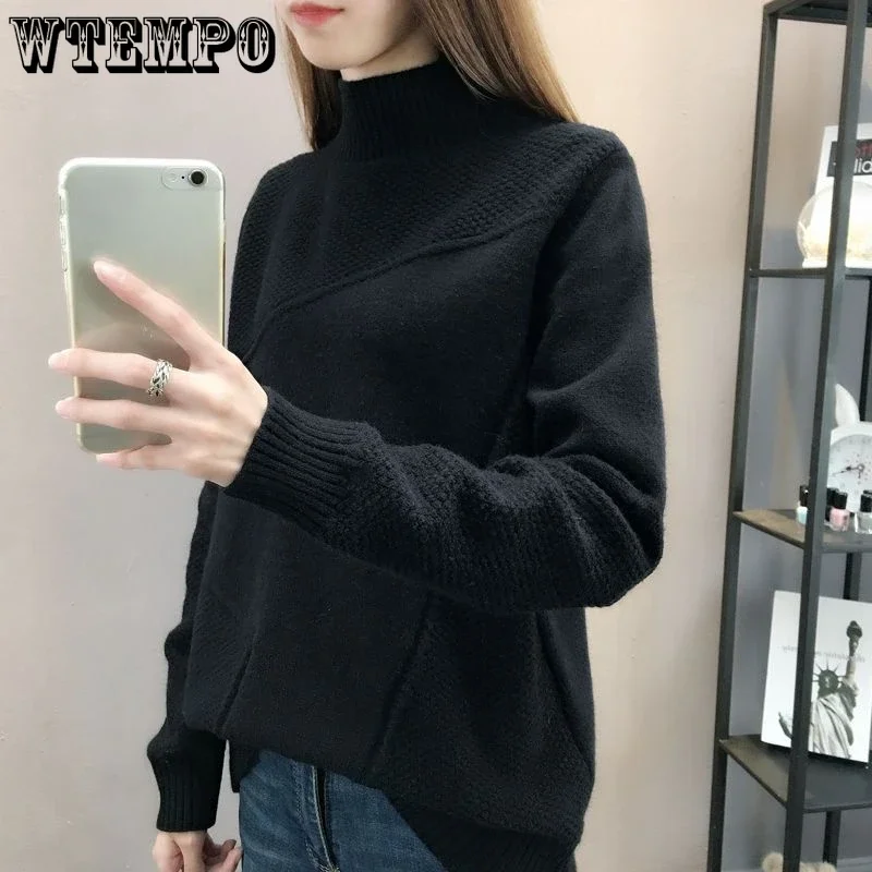 Women\'s Half High Waist Sweater Long Sleeve Korean Style Autumn Winter Pullover Knitted Tops Loose Comfortable Warm Jumper