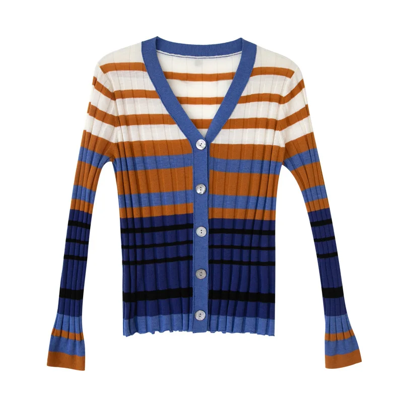 Fenggejiwo wool colored striped pit stripe V-neck knitted cardigan women's slim fit base sweater