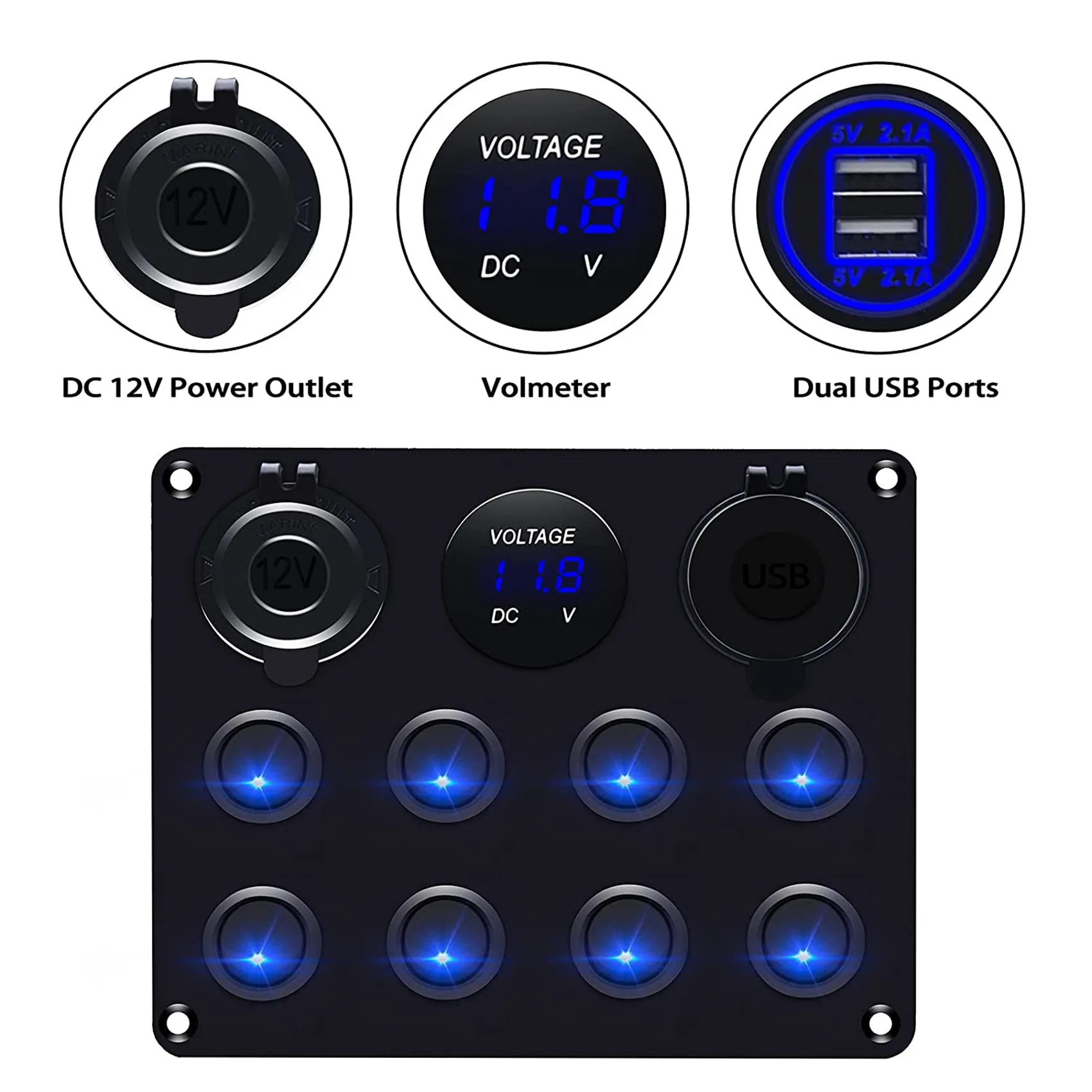 Blue Led Voltmeter for Car Rv Truck Atv Utv Camper Caravan Switch Toggle Panel Dual USB 12-24V 8 Sockets Marine Boat