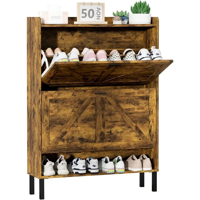 Shoe Cabinet Storage for Entryway, Shoe Organizer with 2 Flip Drawers, Farmhouse Wooden Hidden Freestanding