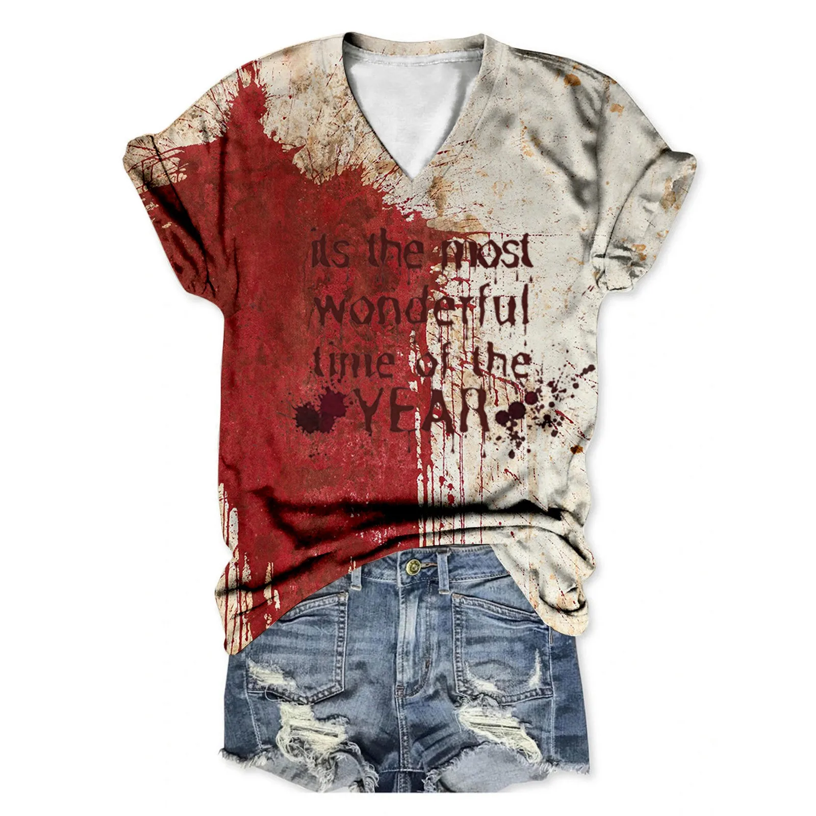 Handprints I Am Fine Blutige Schrift t-shirt Halloween con stampa scollo a v t-shirt manica corta Holiday Party t-shirt sanguinante invecchiata