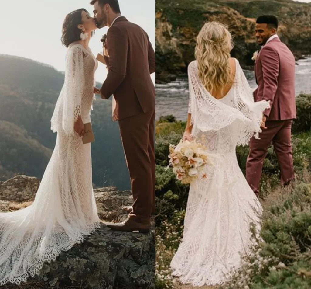 Flare Langarm Bohemian Brautkleider V-Ausschnitt Häkeln Baumwolle Spitze Hippie Strand Land Meerjungfrau Brautkleid Kleid