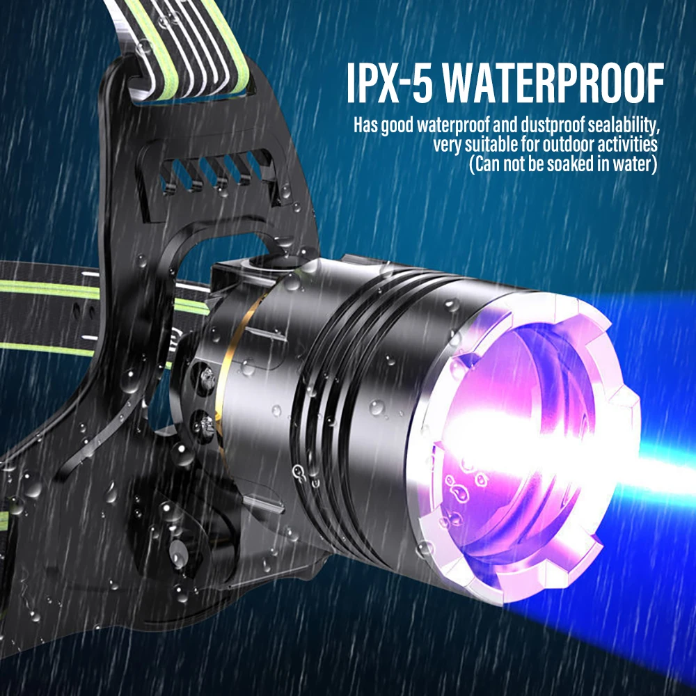 D2 White+UV Light Headlamp Motion Sensor LED Dual Light USB Rechargeable Outdoor Headlight Camping torch Lantern Waterproof Zoom