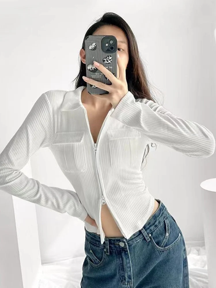 

Zoki Sexy Cropped Double Zipper Slim Sweatshirt Women Vintage Streetwear Long Sleeve Tops Coat American Retro Lady Solid Shirts