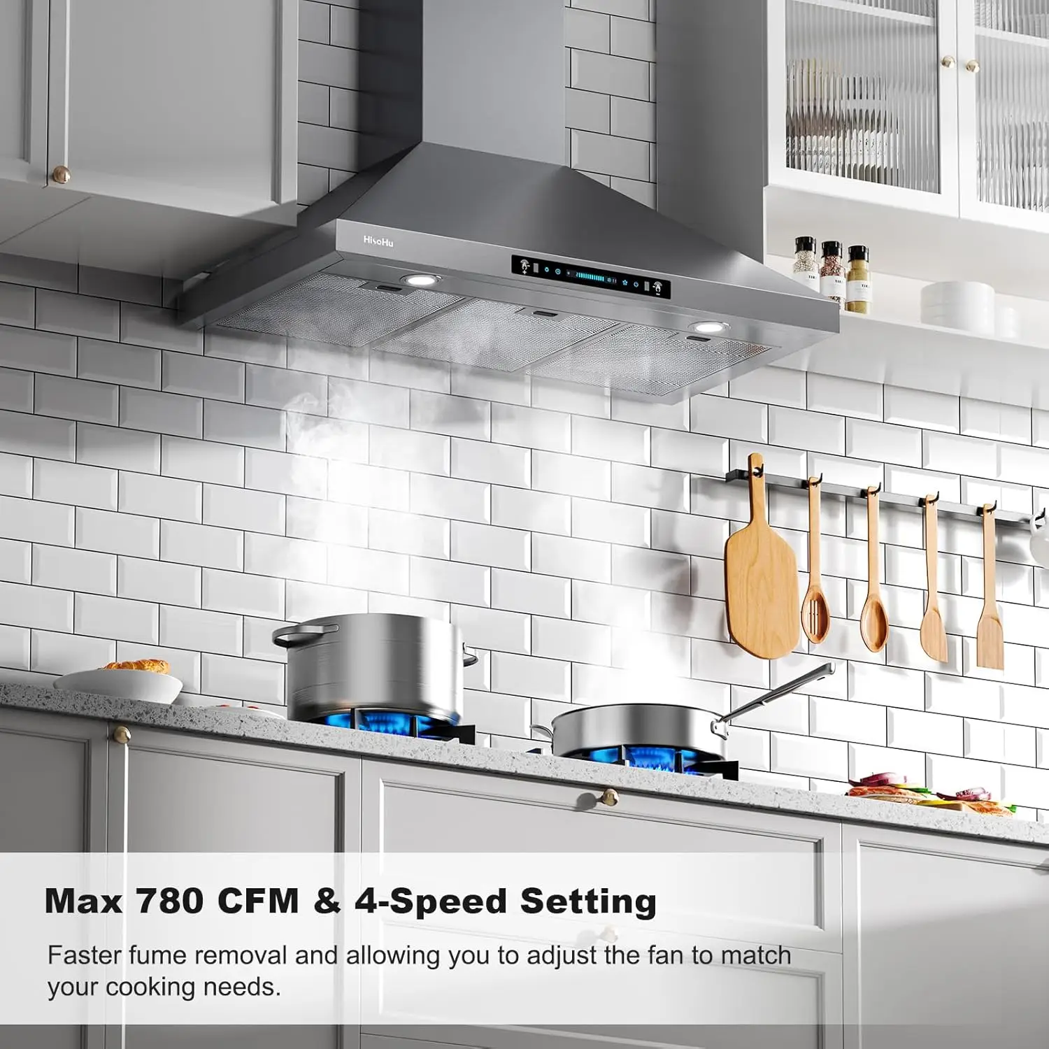 Ductless/Ducted Convertible, 780 CFM Kitchen Vent Hood, Aluminum Mesh Filter,4 Speed Gesture Sensi