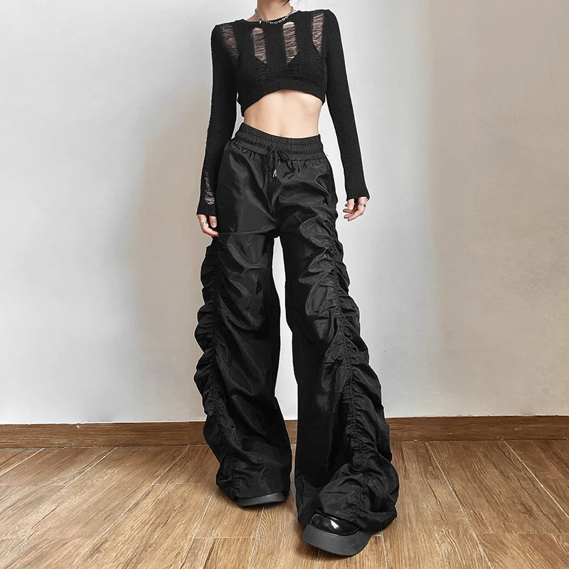 European Hot Girls Loose Mopping High-waisted Pants Women\'s Design Folds Pleated Wide-leg Long Pants Punk Capris Black Versatile