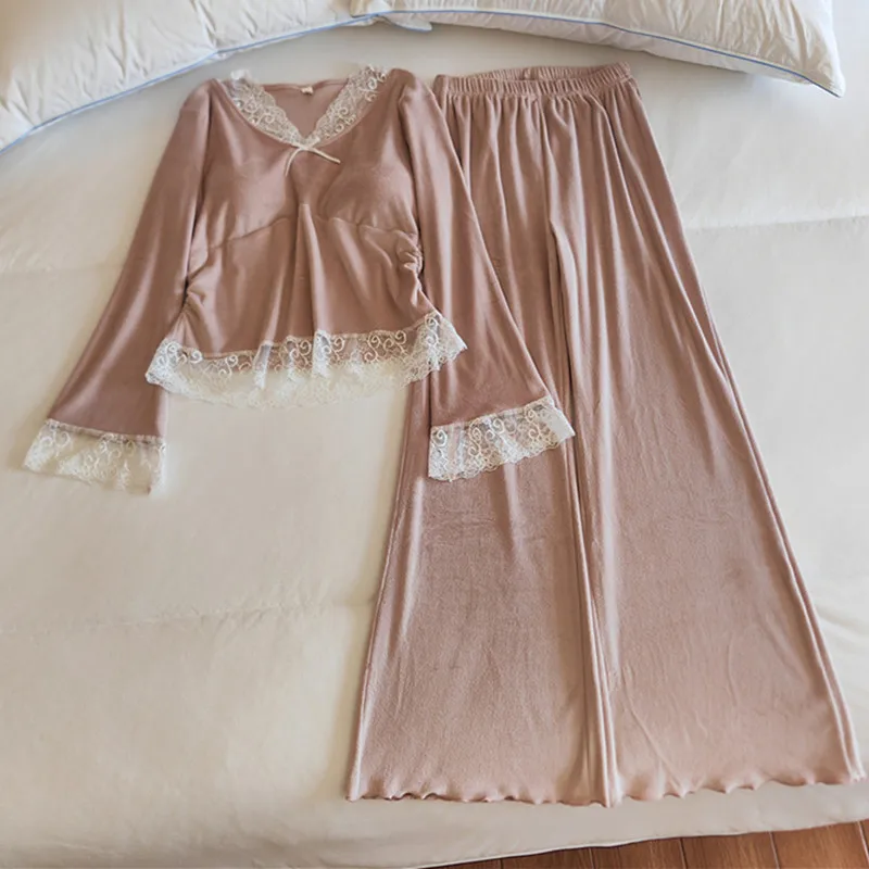 

Островный бархатный кружевной элегантный женский пижамный комплект, новый нагрудный костюм с длинными рукавами и брюками, теплая зимняя одежда для сна, домашняя одежда, пижама