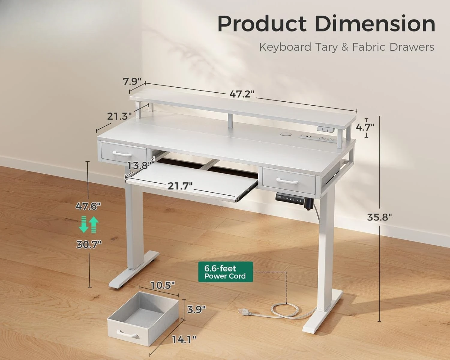 Mesa elétrica com gavetas e bandeja do teclado, mesa pequena ajustável de 47 polegadas com tomada elétrica e luzes led