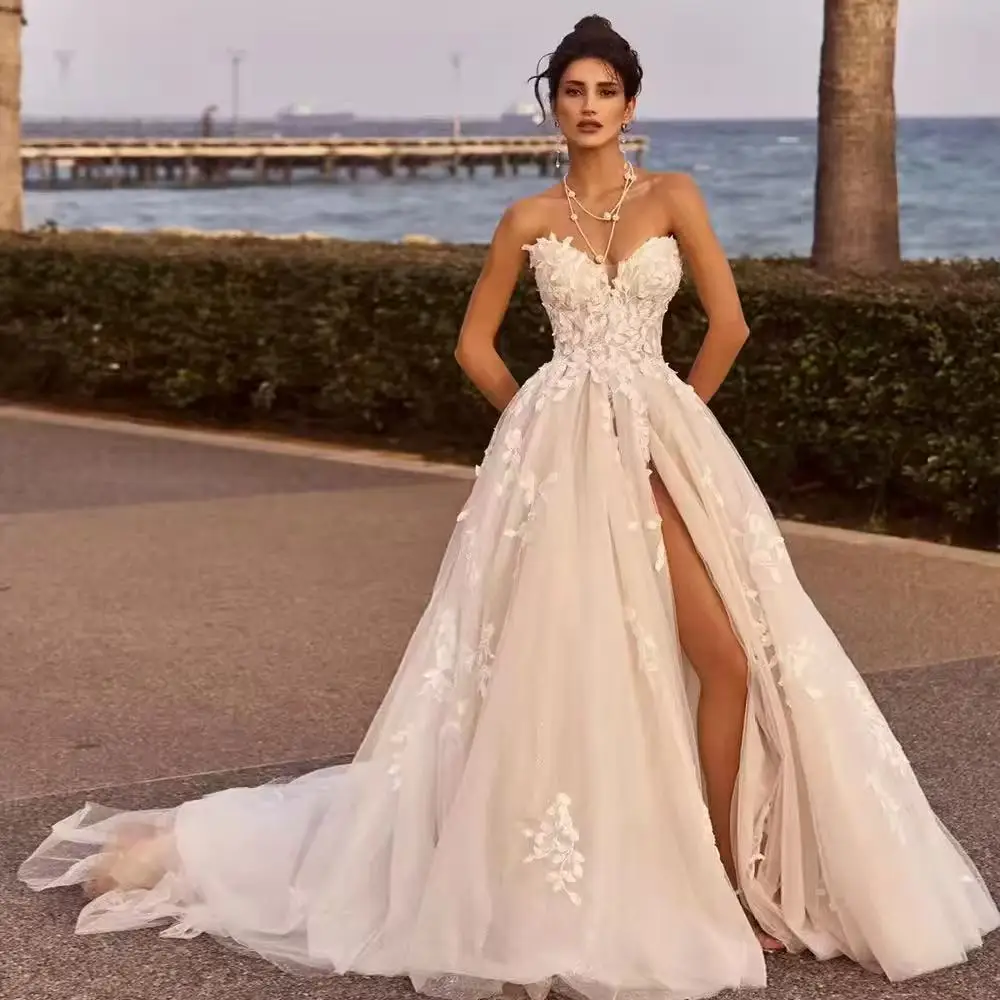 Популярные свадебные платья трапециевидной формы с v-образным вырезом и кружевной аппликацией, с разрезом по бокам, 2025 Vestido De Noival по индивидуальному заказу Популярные свадебные платья трапециевидной формы с v-образным вырезом и кружевной аппликацией, с разрезом по бокам, 2025 Vestido De Noival по индивидуальному заказу