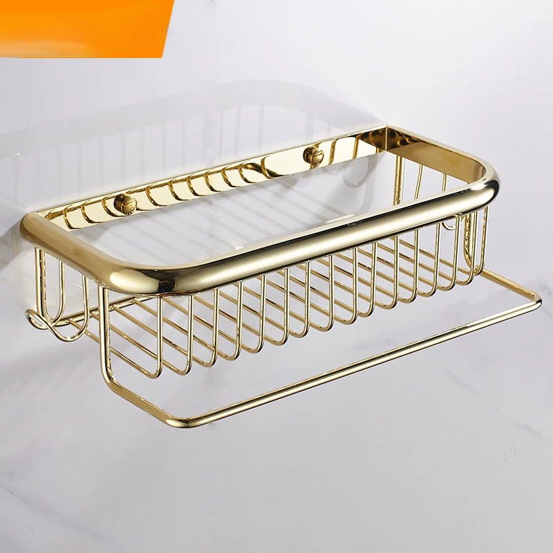 Punch-Free Bathroom Storage Rack Brass Toilet Shower Room Square Kitchen Wall Hanging Decoration