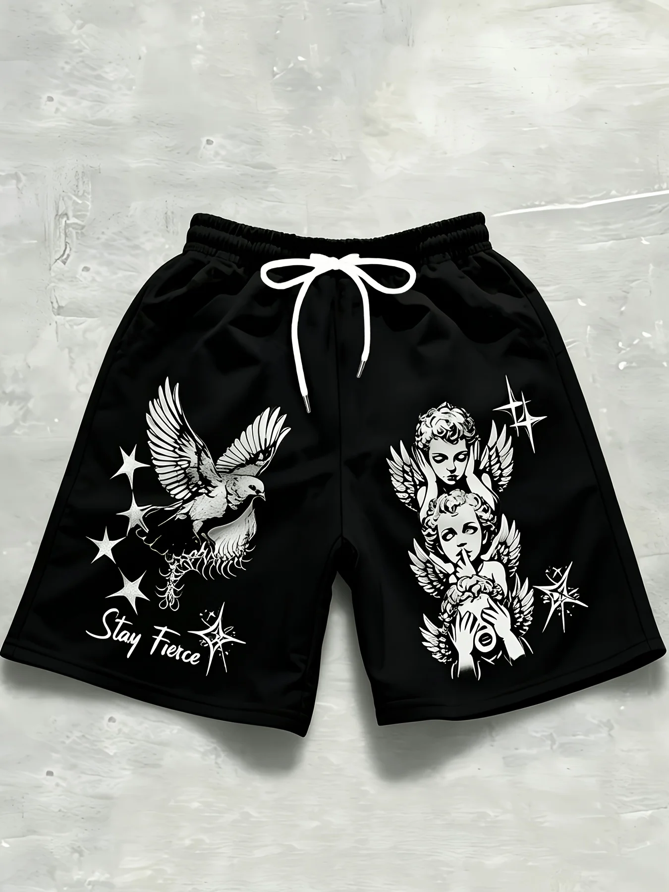White Angel Pattern Printed Men's Beach Shorts 3D Pattern Printed Casual Drawstring Belt, Lightweight for Summer