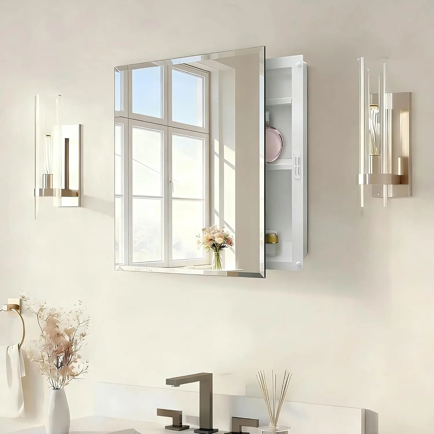 Plastic Bathroom Medicine Cabinet Mirror 16x20 inch, Recessed Medicine Cabinet or Surface Wall Mount Bathroom Cabinets with Adju