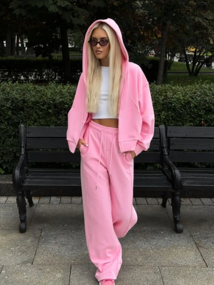 

Long Pant Two-piece Set For Woman Fashion Hooded Hood Zipper Cardigan Coat Wide-leg Pants Suit Autumn Winter Ladies Solid Outfit