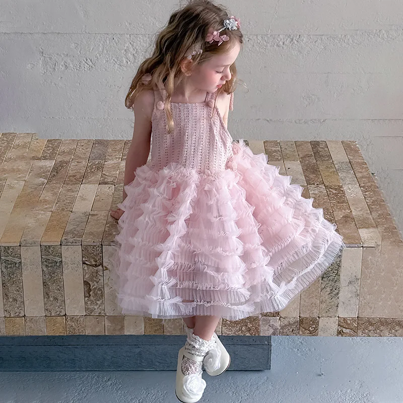 

2026 Summer Girls Korean Slip Dress Knit Patchwork Tulle Princess Tutu Dress Birthday Party Pageant Wedding Formal Dress