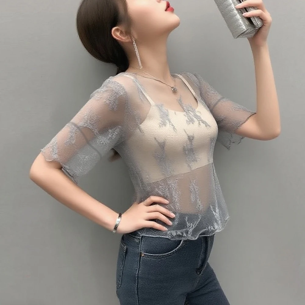 

Sexy See Through Elastic Thin T-shirt Black White Stretch Flower Lace Mesh Top Girl O Neck Flare Short Sleeve T Shirt Women