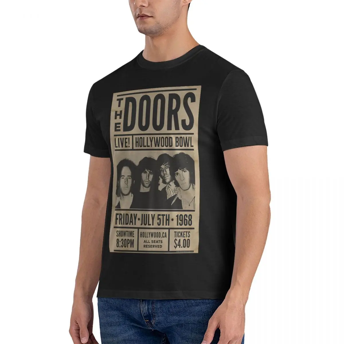 Men Vintage Ticket Concert Musical Poster T Shirt The Doorss Pure Cotton Clothes Funny Short Sleeve Crew Neck Tees Classic