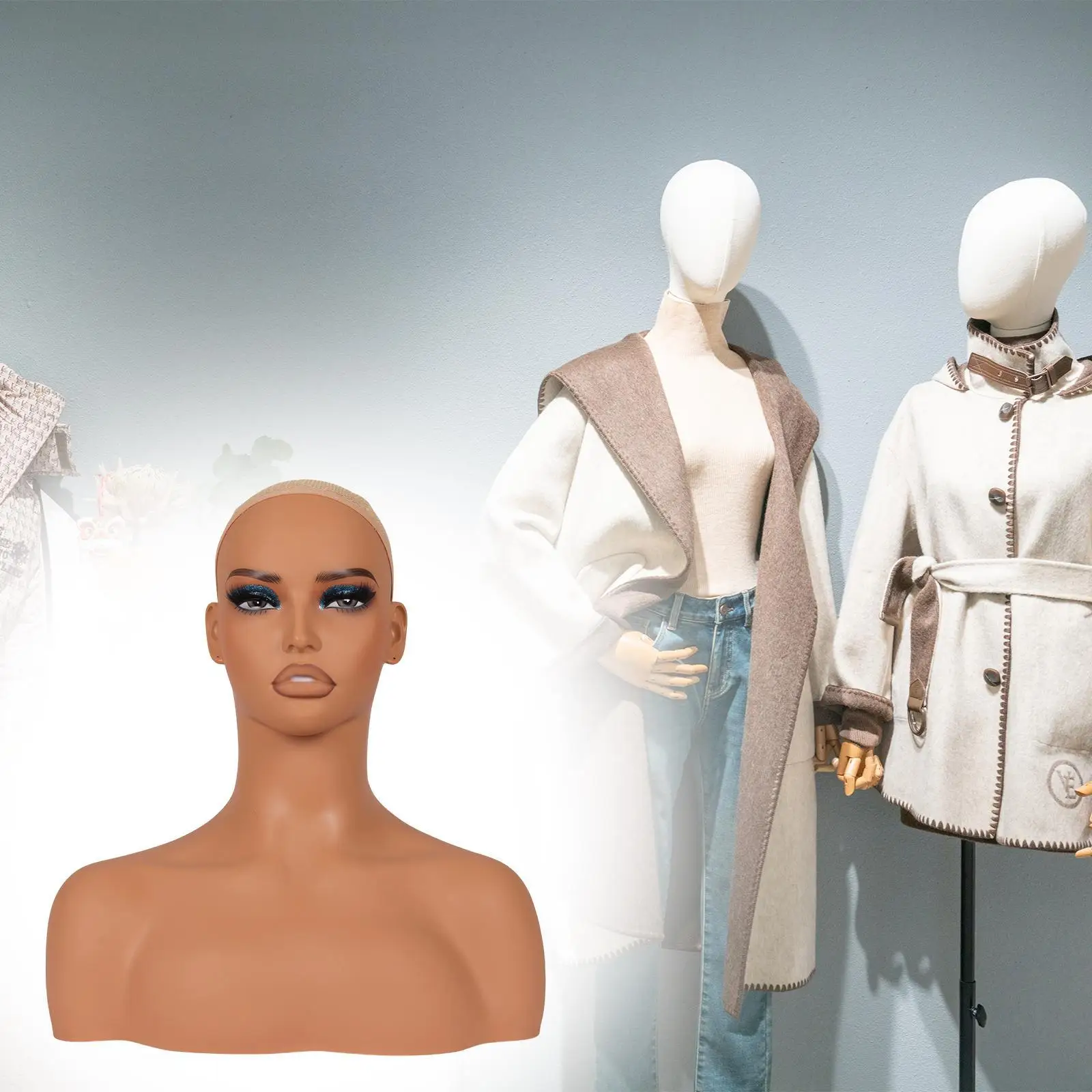 Realistic Female Mannequin Head Wig Showing Stand with Makeup for Scarves