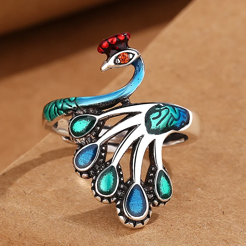 Retro Enamel Burnt Blue Peacock Ring Women Jewelry Adjustable Personalized S925 Silver Ring Lady Ethnic Style Hand Accessories