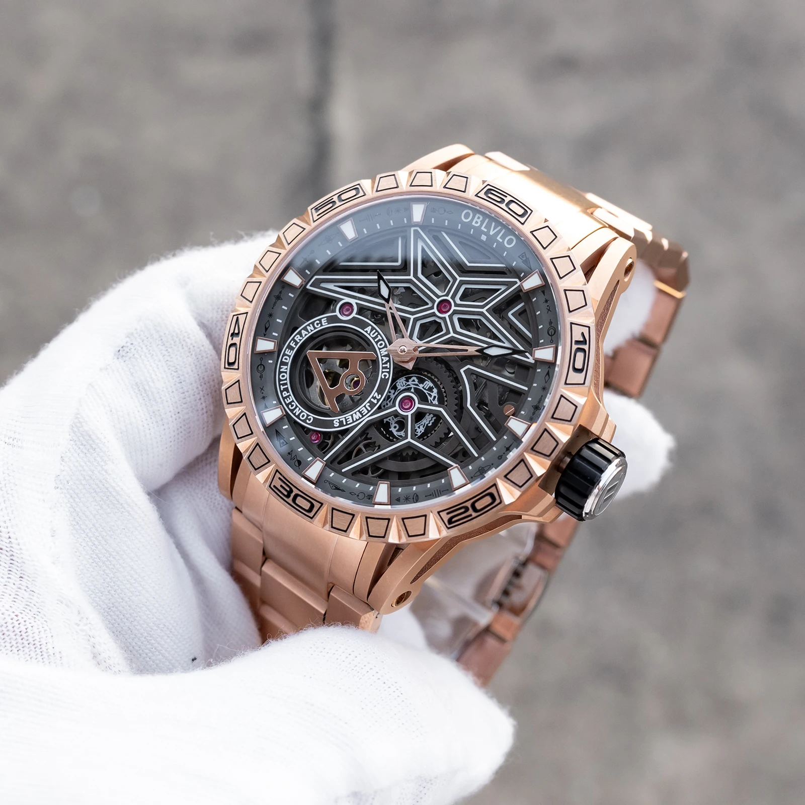 OBLVLO Мужские модные механические автоматические часы Cyber Planet Wheel Design Розовое золото Черный циферблат Светящиеся водонепроницаемые военные часы