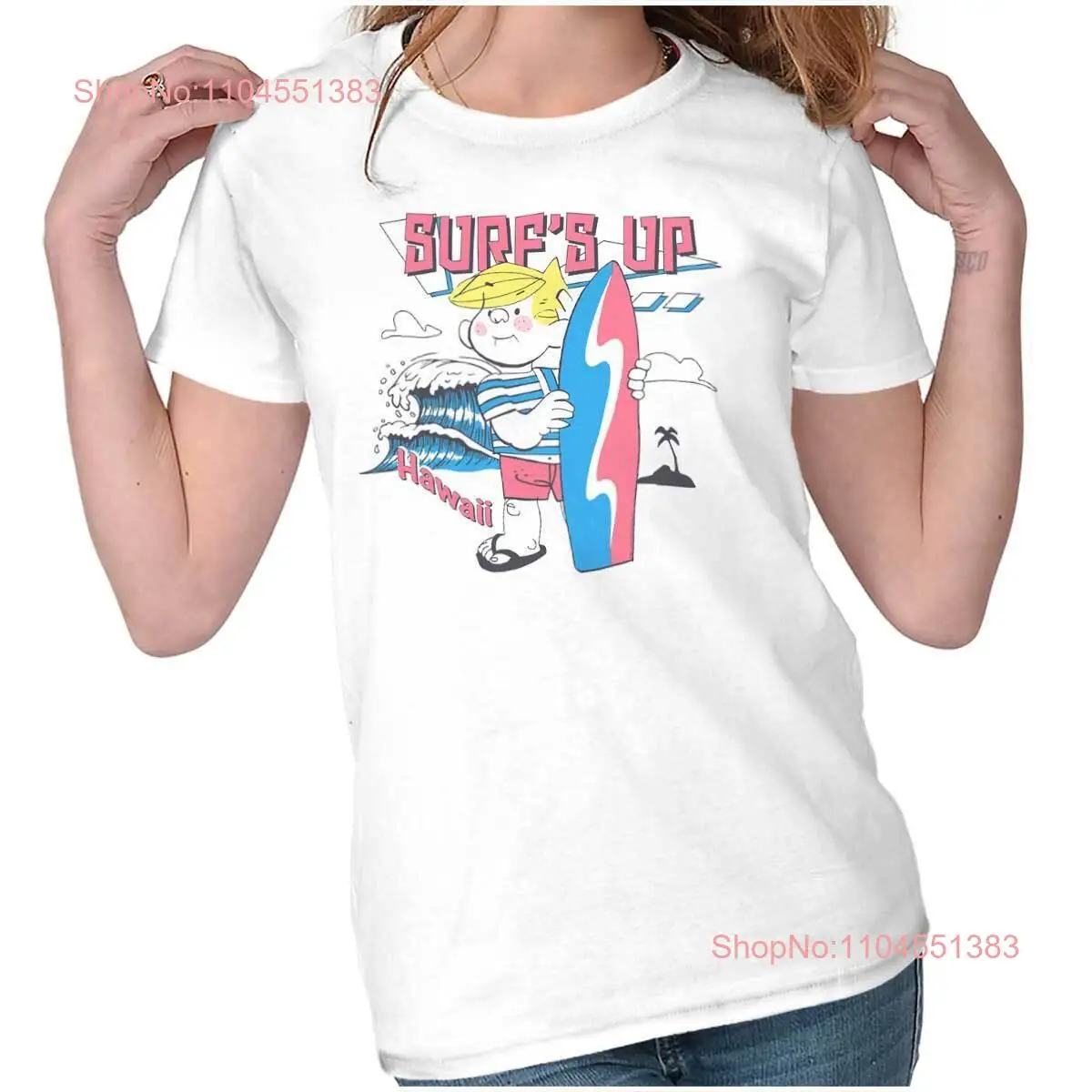 

Dennis The Menace Surfs Up Hawaii Beach Wave Graphic T Shirts for Women T-Shirts
