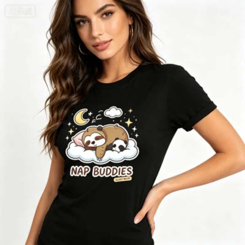 Panda Lying On A Sloth Printed Woman T-shirt Round Neck New Tshirts  Fit Tee Shirt Short Sleeve Womens Tshirts